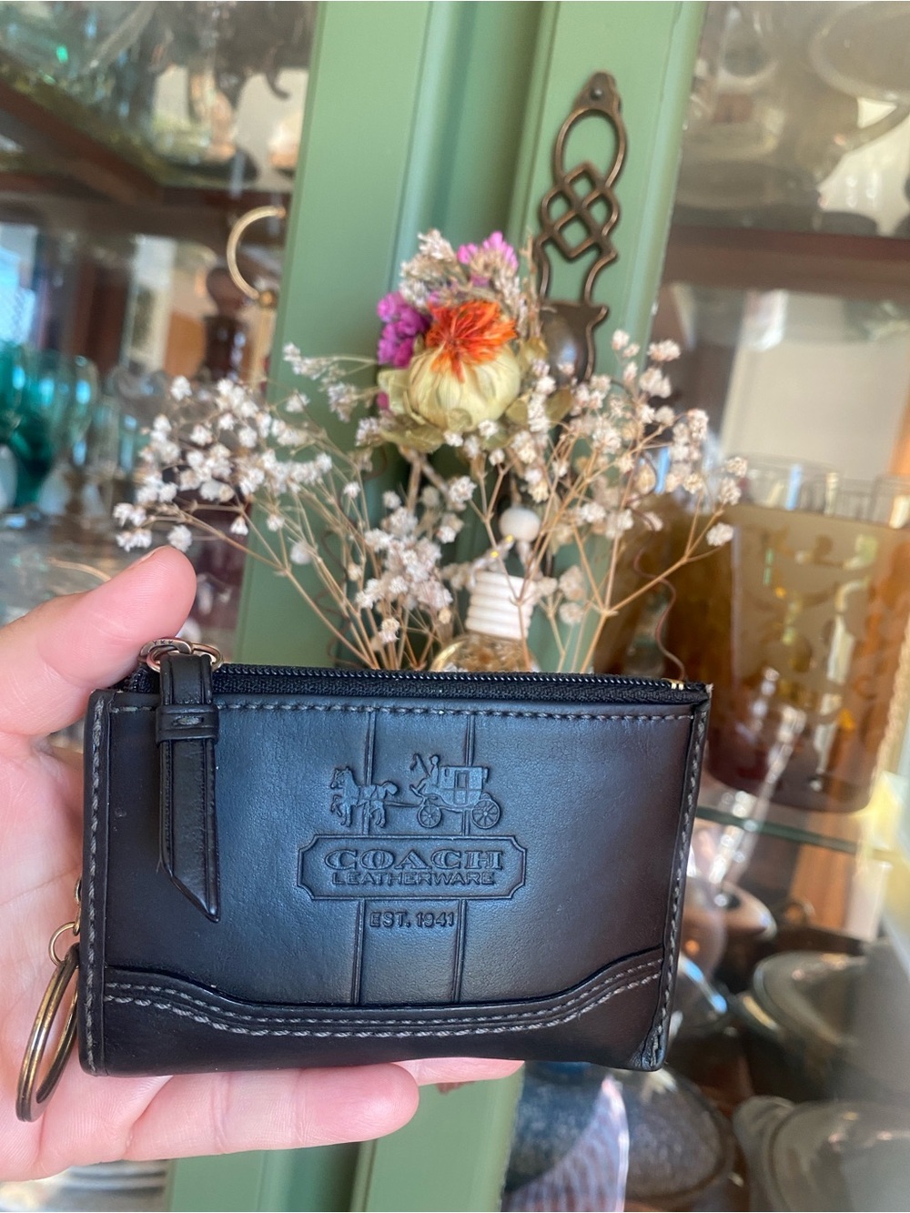 Coach Black Leather Zip Card Holder with Key Ring